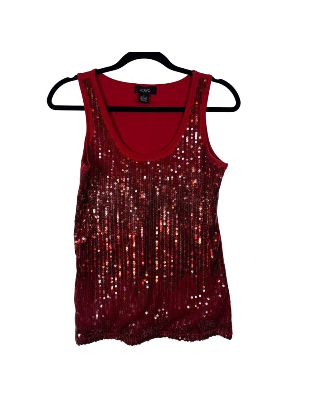 Verve Small Red Sequined Sleeveless Tank Top Cotton Blend Bold Statement Style